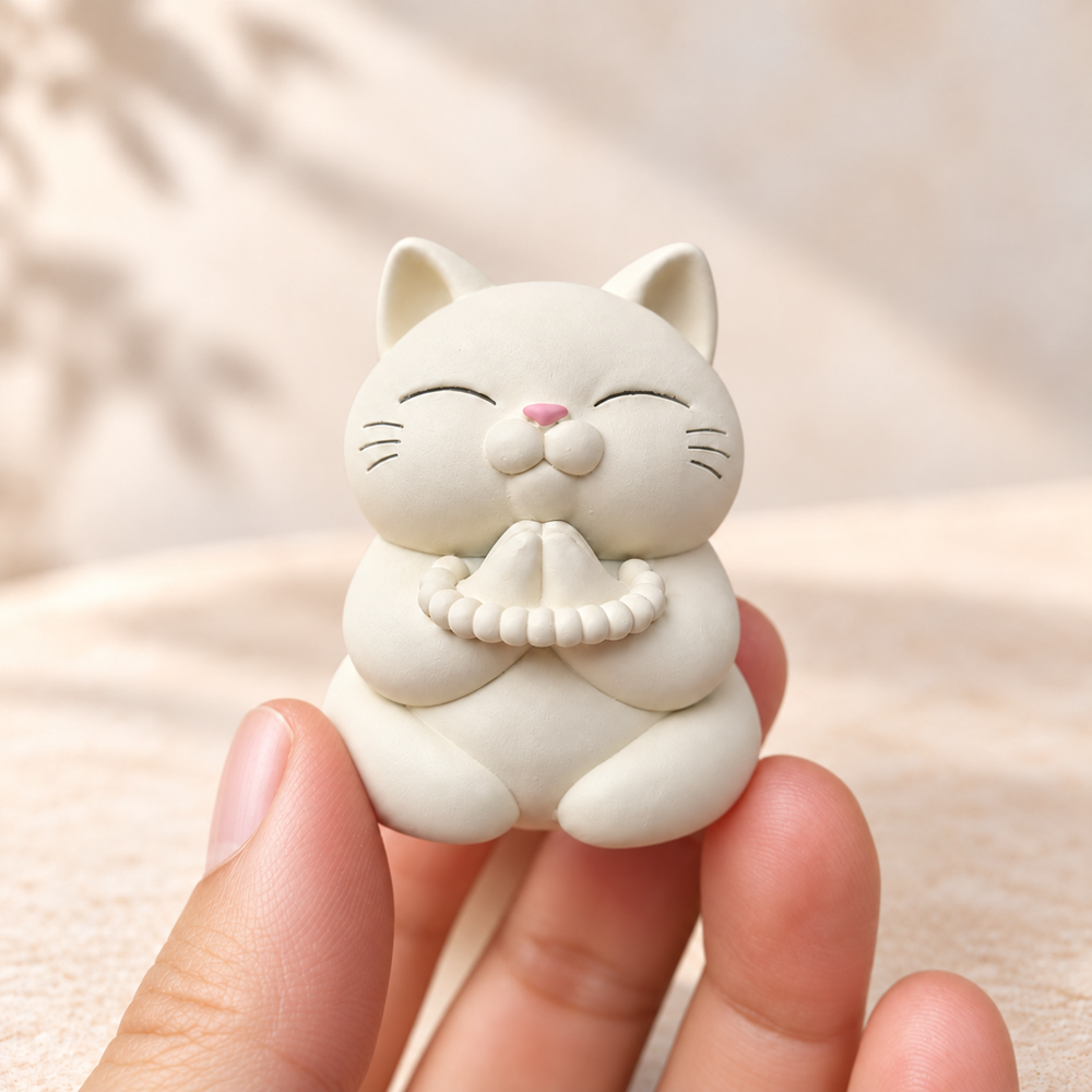합장 고양이 3종 손 위에 올려 크기를 살펴보는 아이보리 고양이 이미지