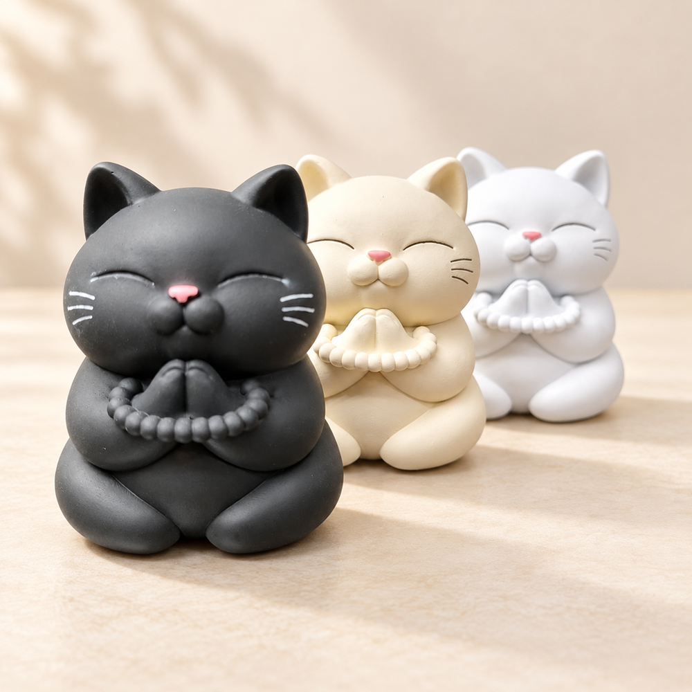 합장 고양이 3종 블랙 고양이를 앞에 두고 세 가지 색상의 표정을 비교한 모습 이미지