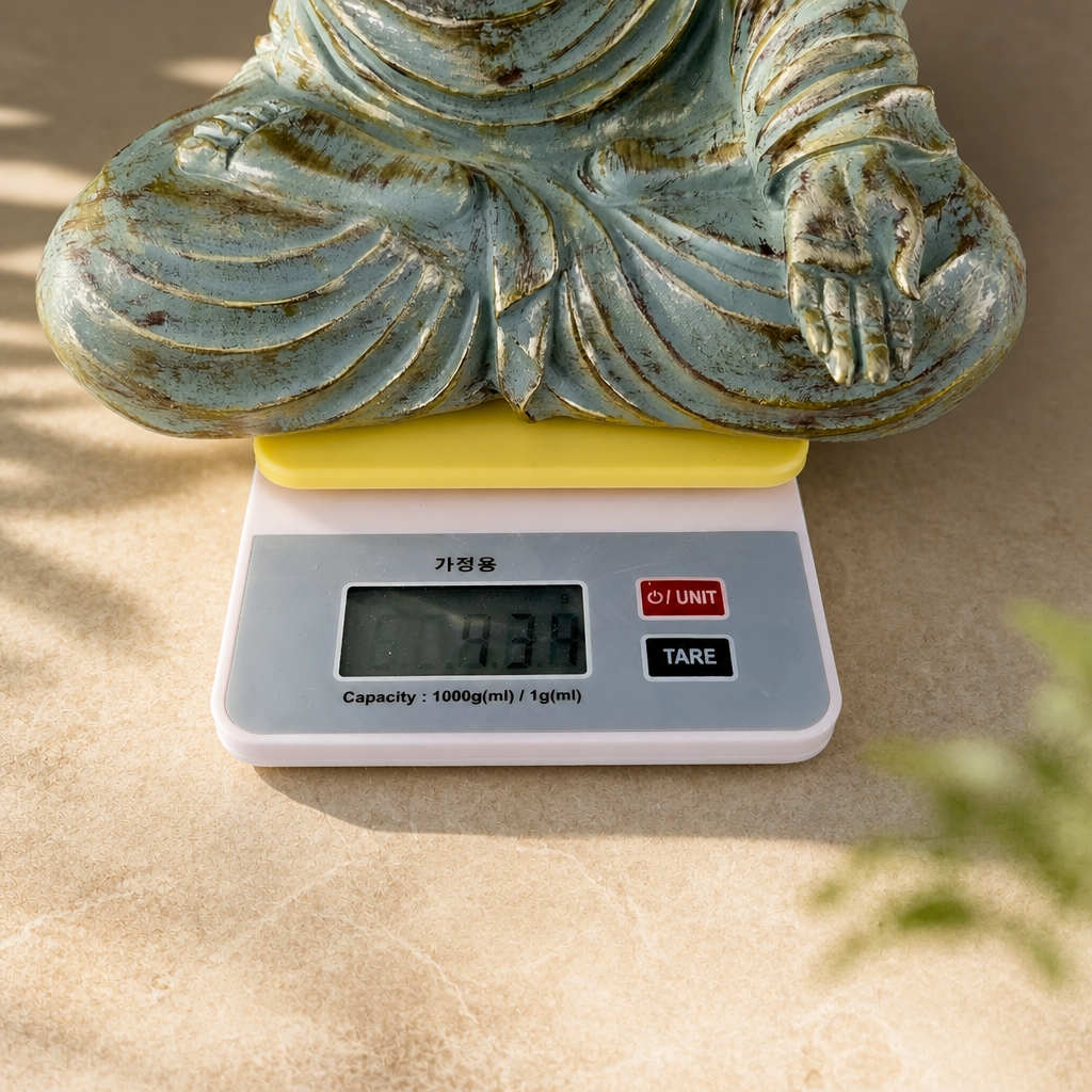 약사여래불 약사여래불을 전자저울에 올려 무게를 확인하는 모습 이미지