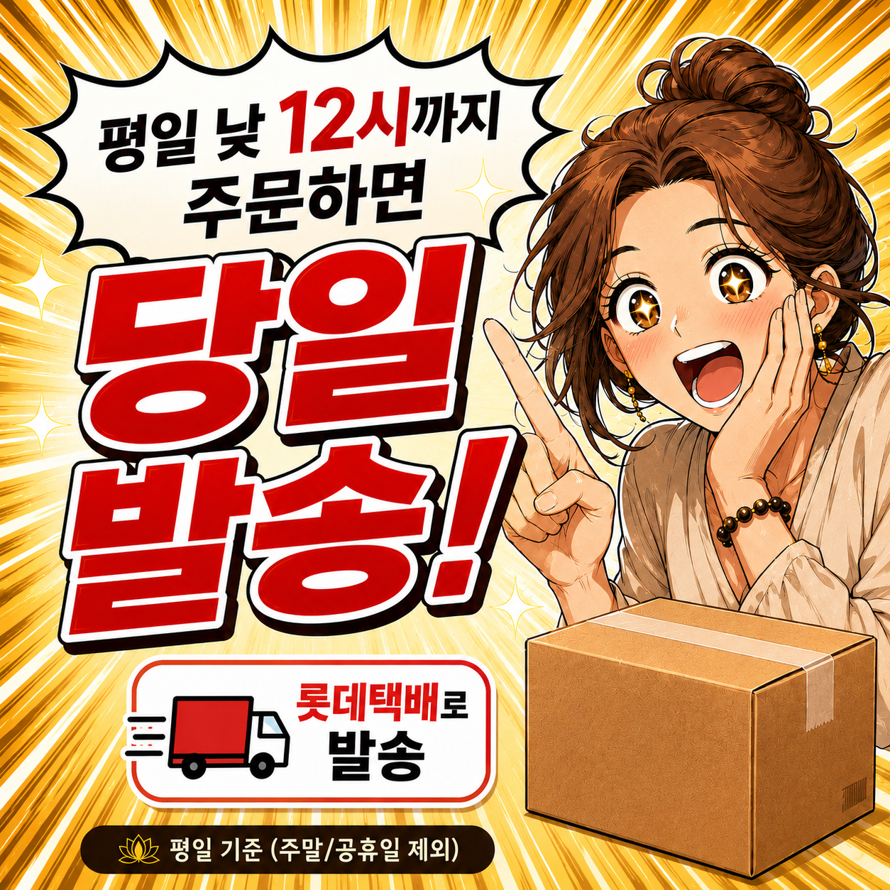 평일 낮 12시까지 주문 시 롯데택배 당일 발송 공지